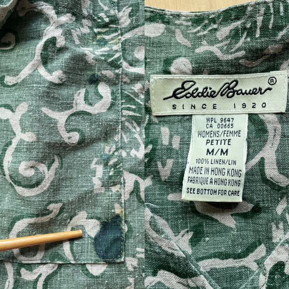 Vtg 90's Eddie Bauer Green Patterned Linen Short Sleeve Maxi Dress Sz Petite M/M - Picture 8 of 10